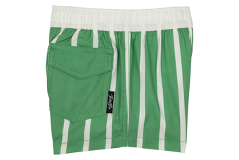 Green and white striped swim shorts with an elastic waistband and a back pocket, designed for kids' surf-snow-skate style.