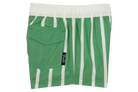 Green and white striped swim shorts with an elastic waistband and a back pocket, designed for kids' surf-snow-skate style.