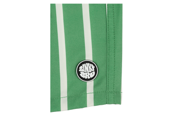 Green striped fabric featuring a circular BinkyBro logo, showcasing a stylish design for kids' apparel.