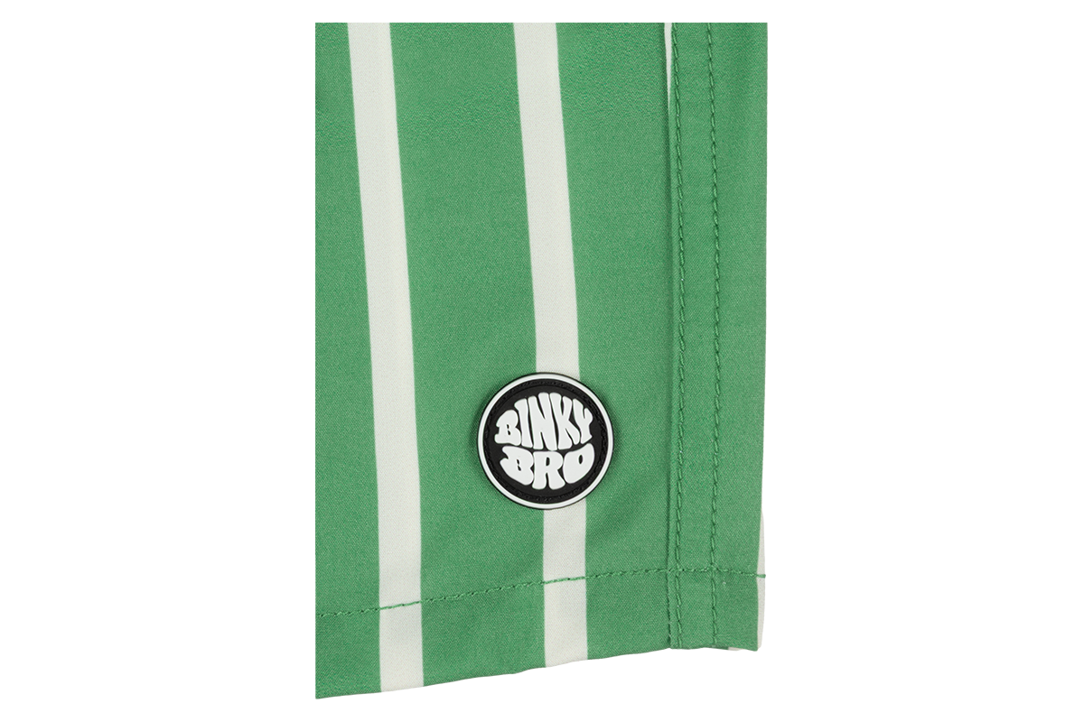 Green striped fabric featuring a circular BinkyBro logo, showcasing a stylish design for kids' apparel.