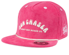 Bright pink corduroy sun hat with "Sun Chaser" text and a rope detail, designed for stylish kids' outdoor adventures.
