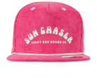 Pink corduroy sun hat with "Sun Chaser" text and a rope detail, designed for stylish outdoor adventures for kids.