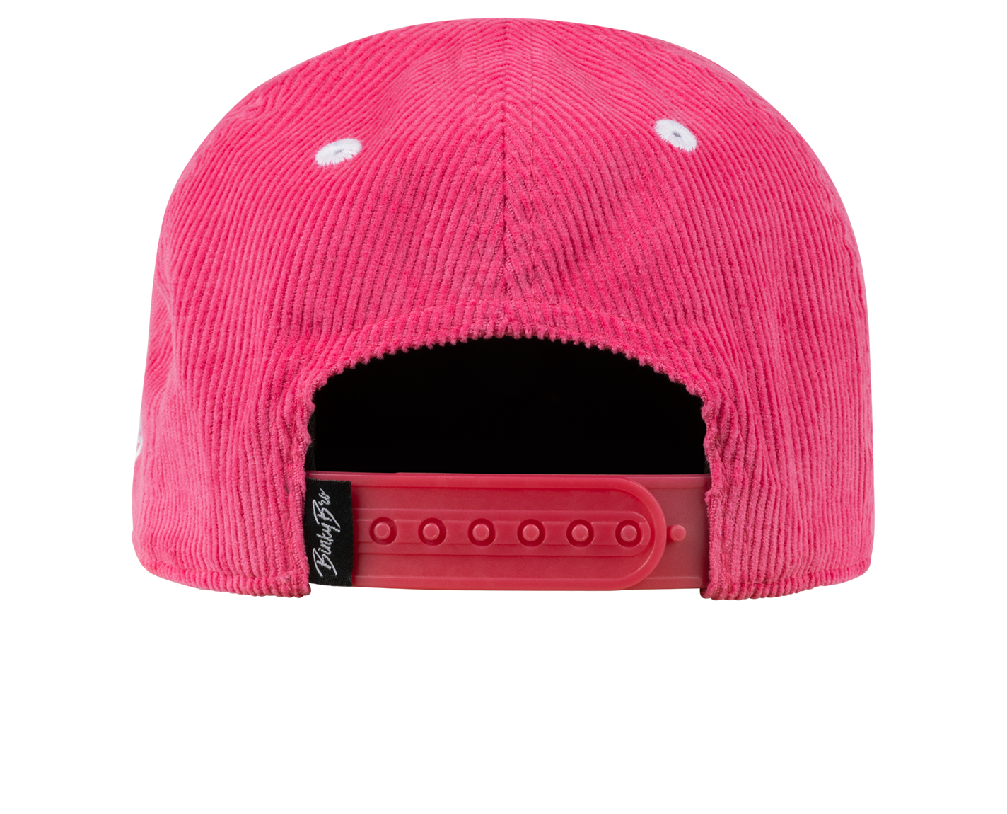 Back view of a pink corduroy snapback hat featuring a plastic adjustable strap, designed for kids' stylish outdoor wear.
