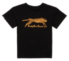 Black t-shirt featuring a vibrant orange cheetah graphic and "BinkyBro Board Co" text, designed for active kids.