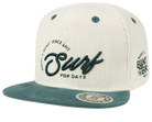 Stylish white corduroy snapback hat with teal accents and "Surf for Days" embroidered on the front. Perfect for young adventurers.