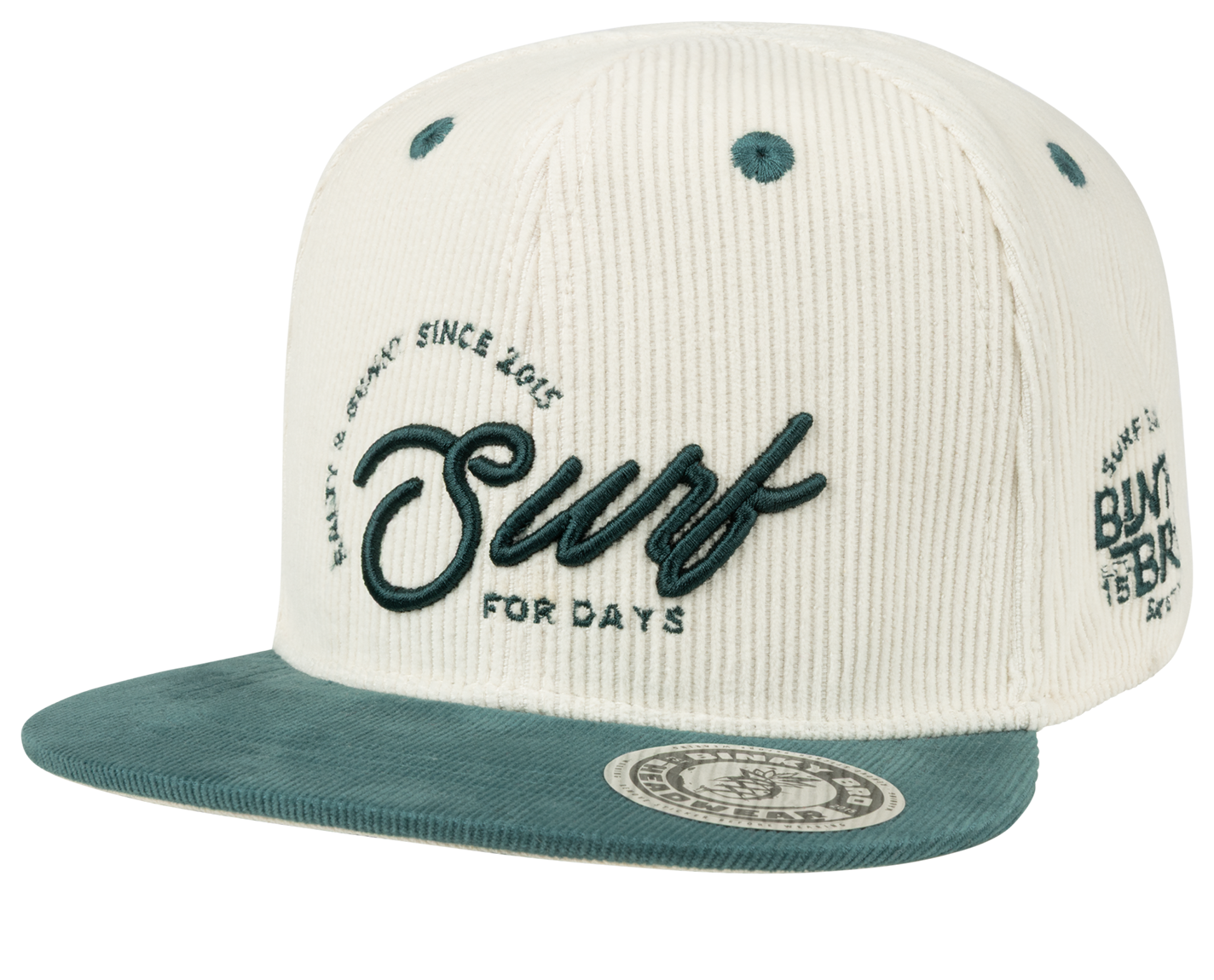 Stylish white corduroy snapback hat with teal accents and "Surf for Days" embroidered on the front. Perfect for young adventurers.