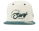 Stylish cream corduroy snapback hat with green "Surf for Days" embroidery, perfect for kids embracing a surf lifestyle.
