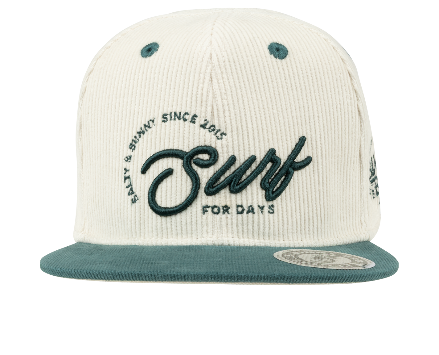 Stylish cream corduroy snapback hat with green "Surf for Days" embroidery, perfect for kids embracing a surf lifestyle.