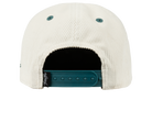 Back view of a cream-colored snapback hat with a teal adjustable strap, featuring a textured corduroy design.