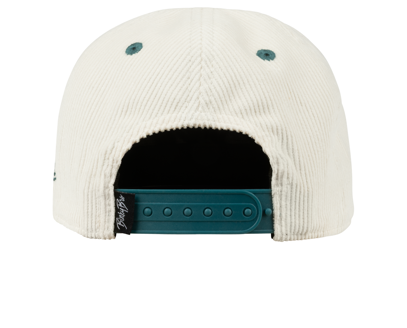 Back view of a cream-colored snapback hat with a teal adjustable strap, featuring a textured corduroy design.