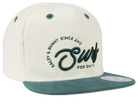 Stylish cream and green snapback hat featuring "Surf For Days" embroidery, perfect for kids' surf-inspired fashion.