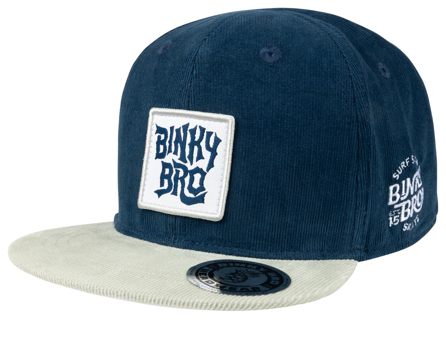 Stylish navy corduroy snapback hat with a cream brim and BinkyBro logo patch, perfect for kids' surf and skate lifestyle.