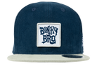 Navy corduroy snapback hat with a white patch featuring the BinkyBro logo, designed for stylish kids.