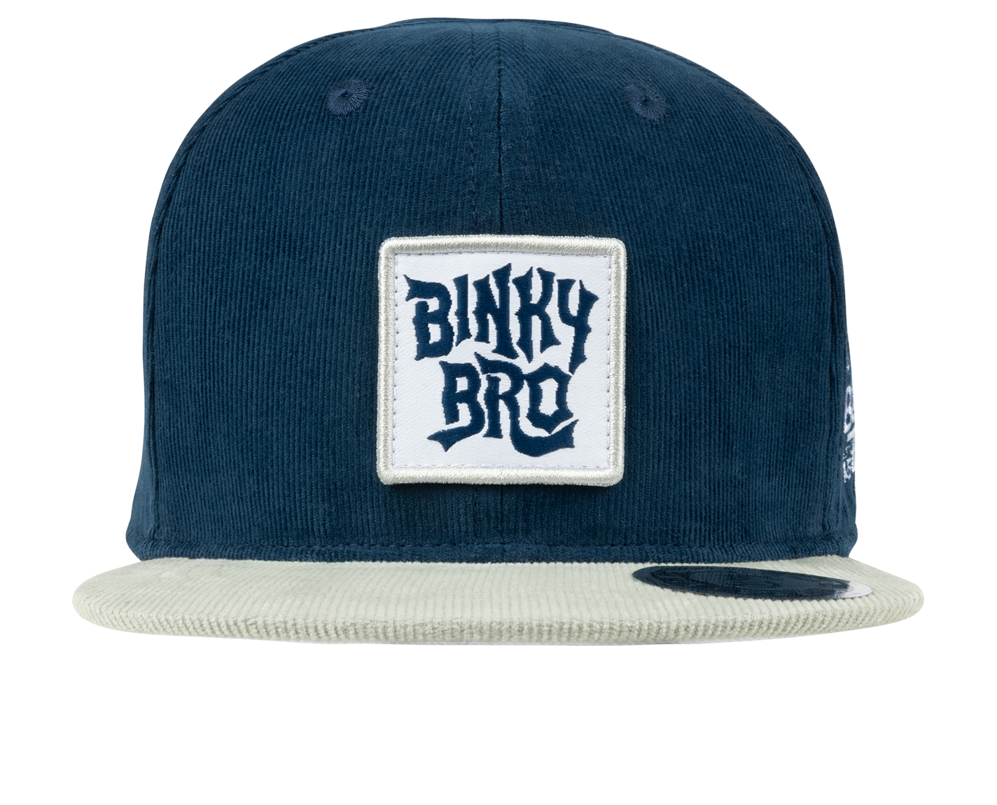 Navy corduroy snapback hat with a white patch featuring the BinkyBro logo, designed for stylish kids.