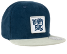 Navy blue snapback hat with a light green brim and a white Binky Bro logo patch on the front. Stylish and trendy for kids.
