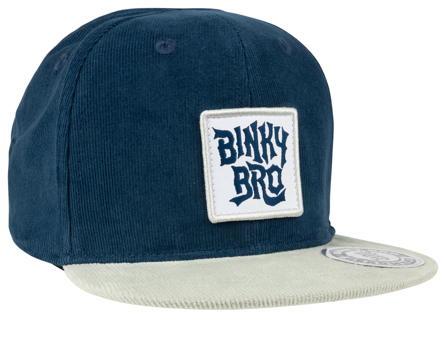 Navy blue snapback hat with a light green brim and a white Binky Bro logo patch on the front. Stylish and trendy for kids.