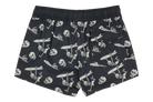 Stylish black swim trunks featuring a playful skeleton and surfboard print, perfect for kids' beach adventures.
