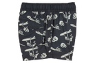 Stylish black swim shorts featuring a playful skeleton and surfboard print, perfect for kids' summer adventures.