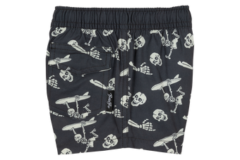 Stylish black swim shorts featuring a playful skeleton and surfboard print, perfect for kids' summer adventures.