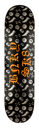 Derby skateboard deck featuring a black background with orange lettering and a pattern of skate-related graphics.