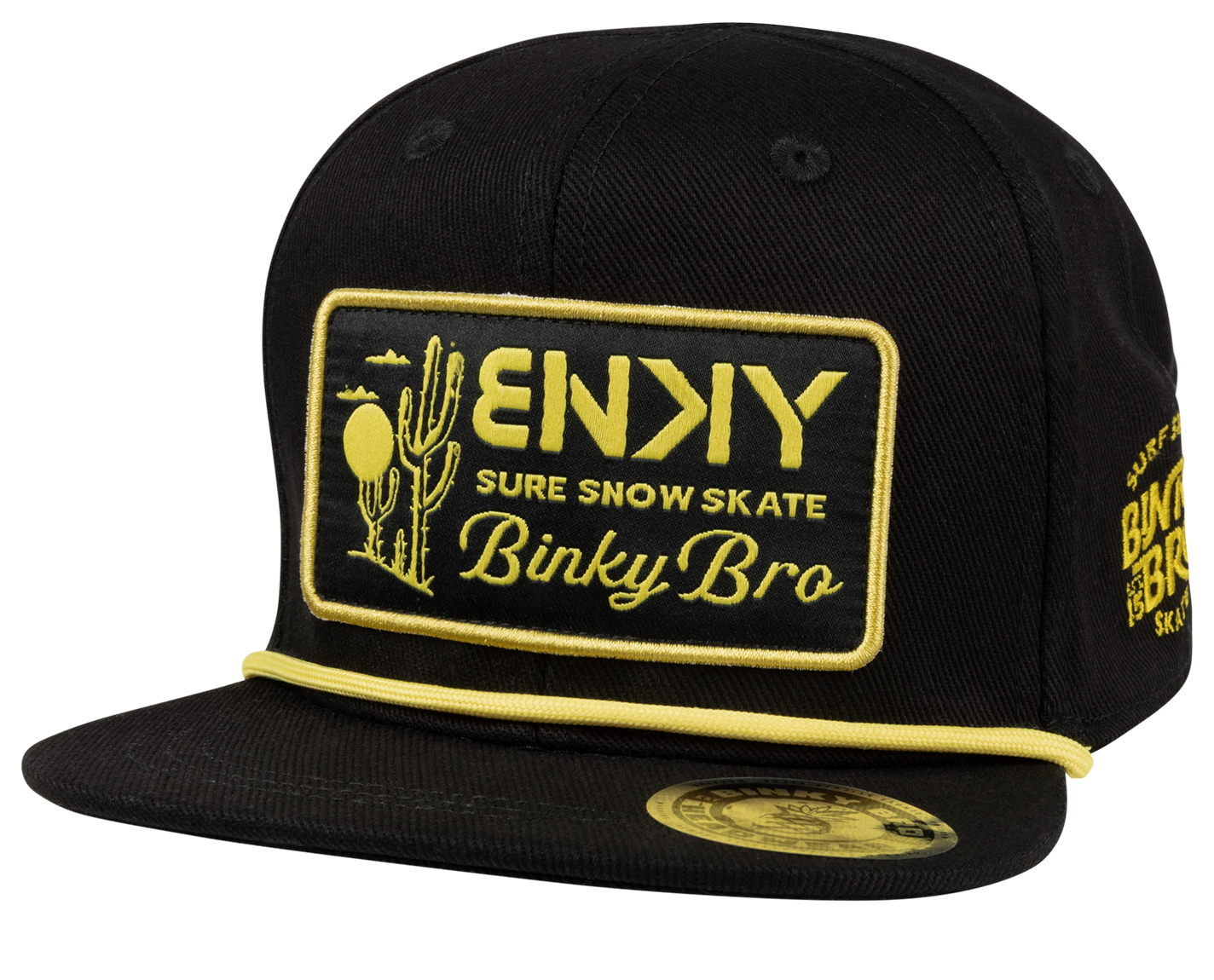 Black snapback hat featuring a yellow embroidered logo with desert motifs and the BinkyBro brand name.