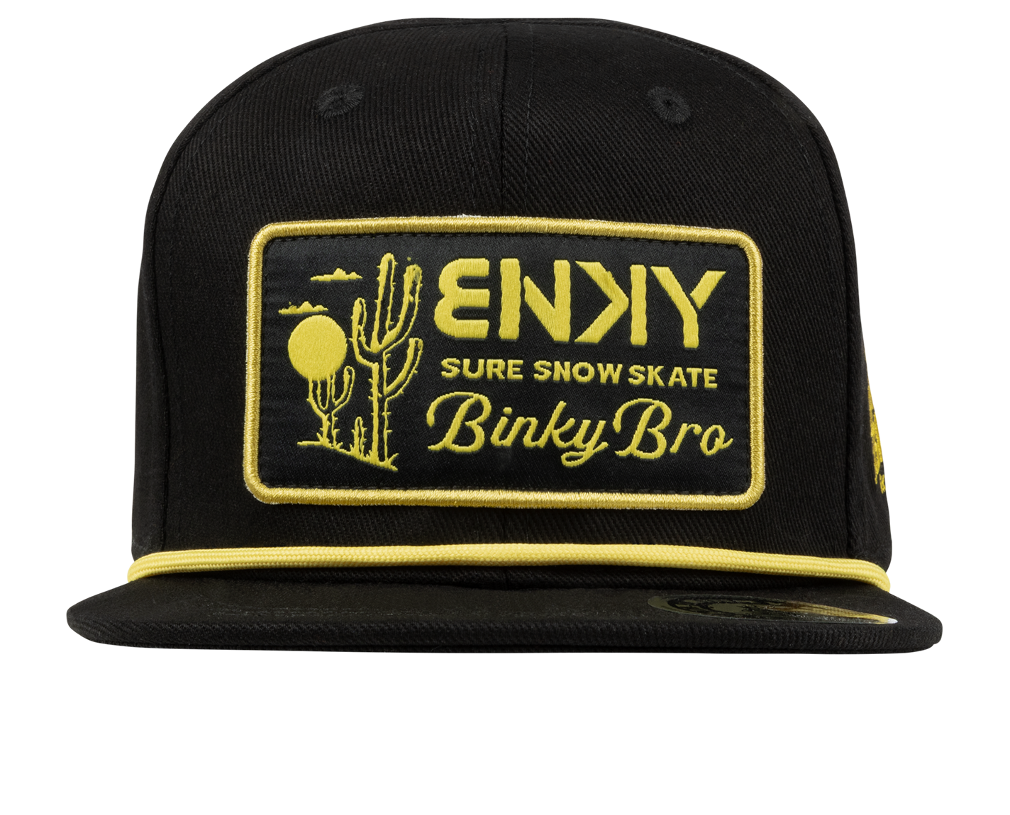 Black snapback hat featuring a yellow embroidered patch with desert graphics and the BinkyBro logo, perfect for stylish kids.