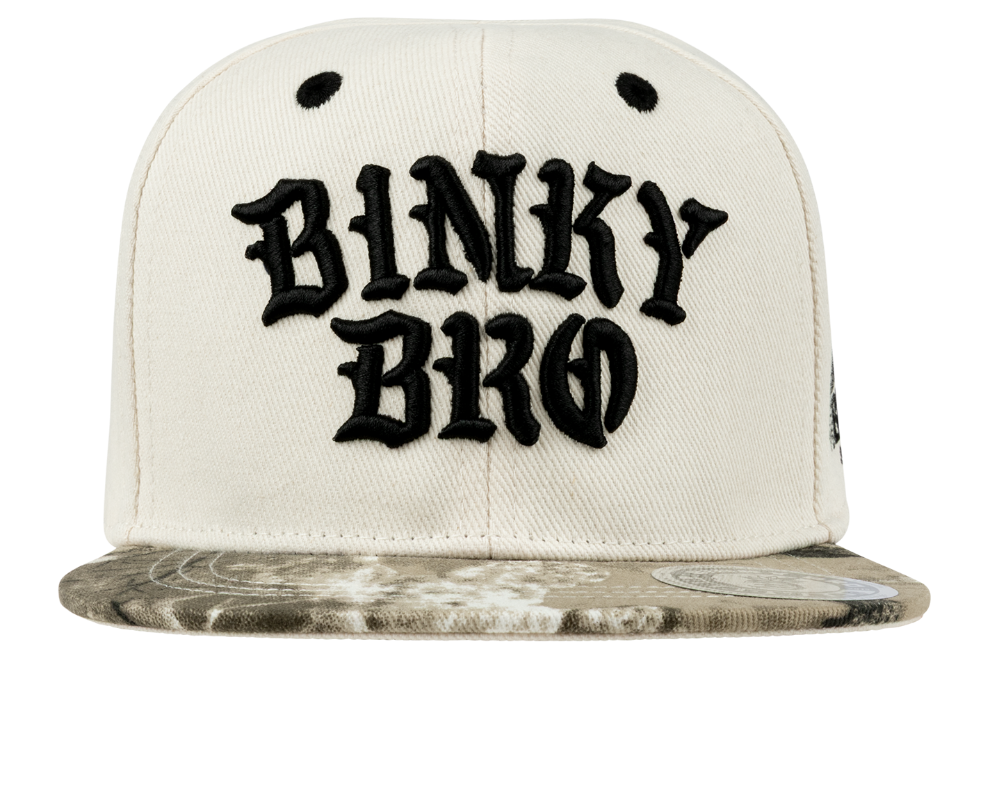 Stylish Durban SB snapback hat featuring a bold black "Binky Bro" logo on a cream base with a patterned brim.