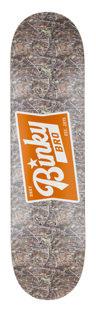 Skateboard deck featuring a camouflage design with a bold orange BinkyBro logo, perfect for stylish young skaters.