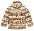 Cozy luxury fleece pullover with a brown and cream geometric pattern, featuring a zip collar and BinkyBro logo.