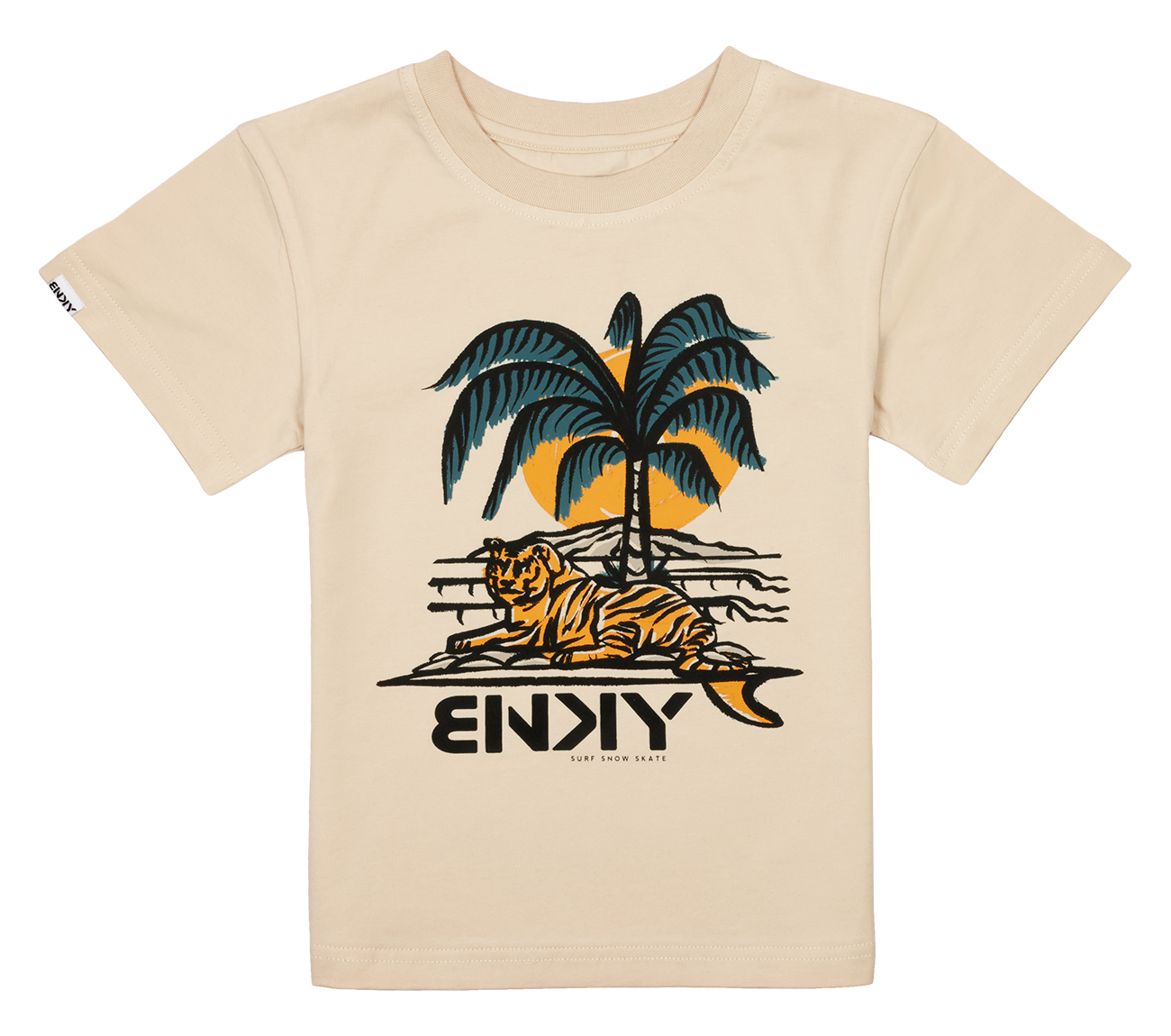 Tan youth t-shirt featuring a graphic of a tiger lounging under palm trees, embodying a surf-snow-skate lifestyle.