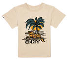 Tan youth t-shirt featuring a graphic of a tiger lounging under palm trees, embodying a surf-snow-skate lifestyle.