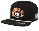 Stylish black snapback hat featuring a flaming skull design and a white rope detail, perfect for young surf and skate enthusiasts.