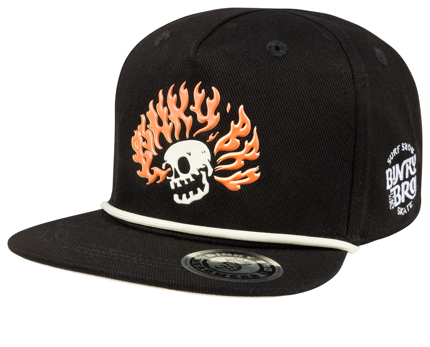 Stylish black snapback hat featuring a flaming skull design and a white rope detail, perfect for young surf and skate enthusiasts.