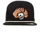Black snapback hat featuring a skull with orange flames design on the front, perfect for stylish youth wear.