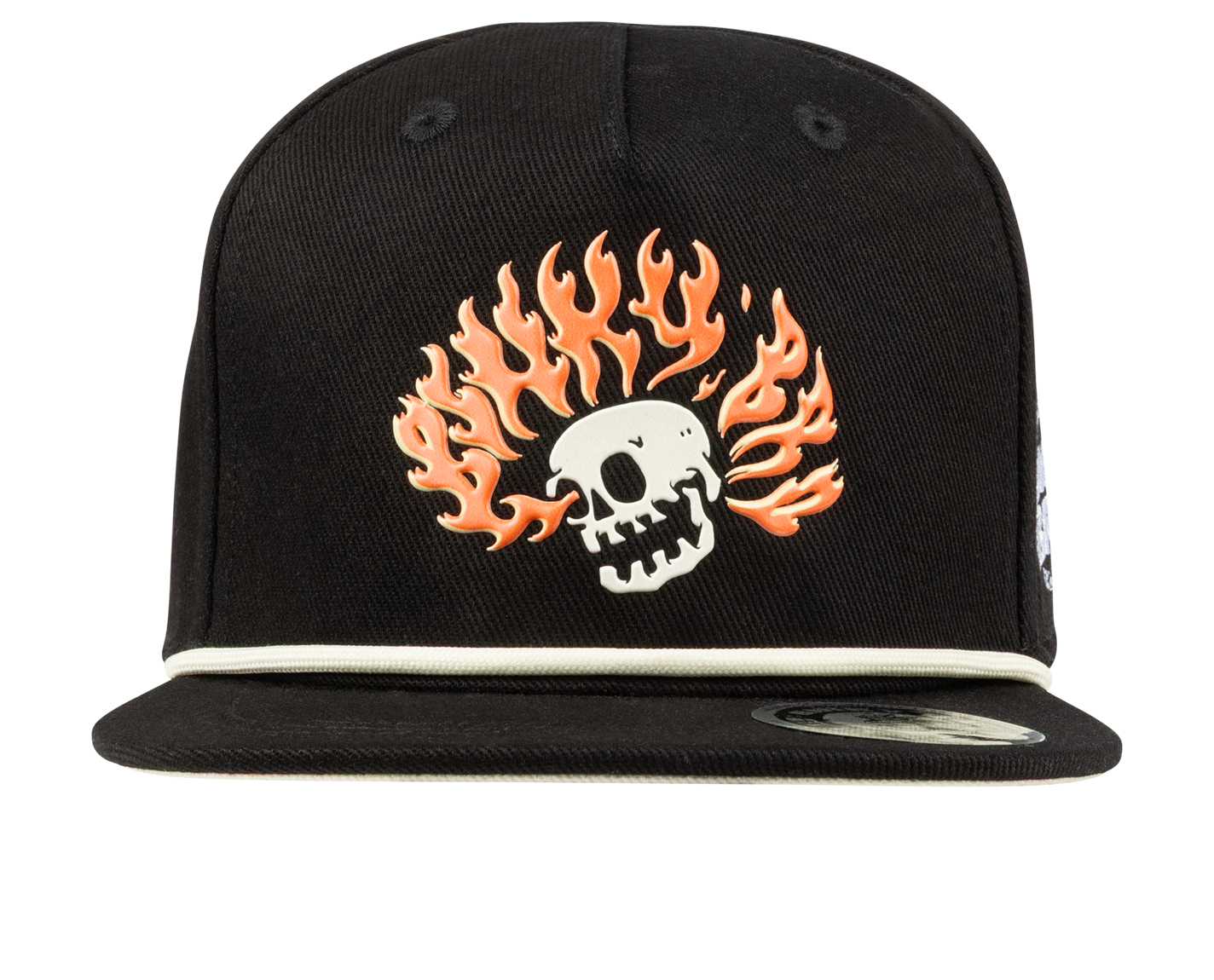 Black snapback hat featuring a skull with orange flames design on the front, perfect for stylish youth wear.