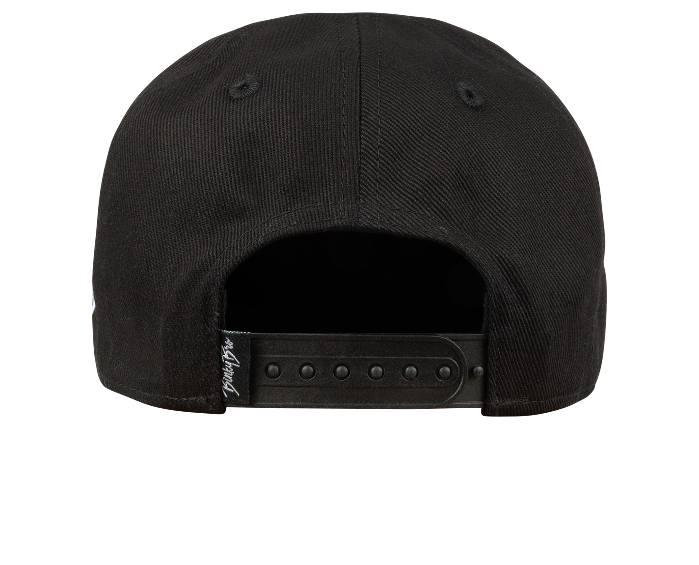 Stylish black snapback hat with a flat brim and adjustable strap at the back, perfect for kids' casual wear.
