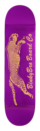 Purple skateboard deck featuring a leaping leopard graphic and "BinkyBro Board Co" text in bold yellow.