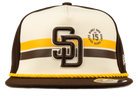Stylish snapback hat featuring a cream and brown design with San Diego logo and yellow rope detail, perfect for kids.