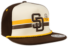 Stylish snapback hat featuring a cream and brown design with San Diego logo and yellow rope detail, perfect for kids.