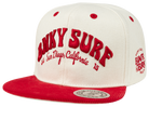 Stylish red and white snapback hat featuring "Binky Surf" embroidered on the front, perfect for young surf enthusiasts.