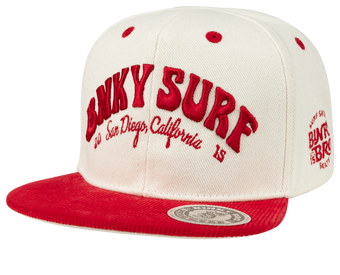 Stylish red and white snapback hat featuring "Binky Surf" embroidered on the front, perfect for young surf enthusiasts.