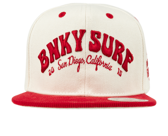 Stylish red and white snapback hat featuring "BNKY SURF" embroidered in bold letters, perfect for kids.