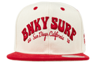 Stylish red and white snapback hat featuring "BNKY SURF" embroidered in bold letters, perfect for kids.