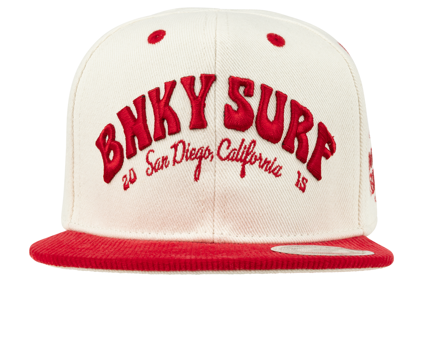 Stylish red and white snapback hat featuring "BNKY SURF" embroidered in bold letters, perfect for kids.