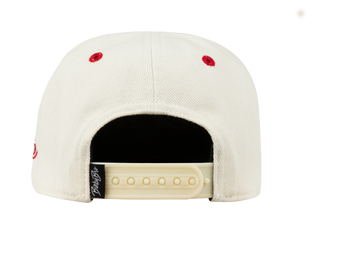 Back view of a cream-colored snapback hat featuring red stitching and an adjustable strap, designed for kids.