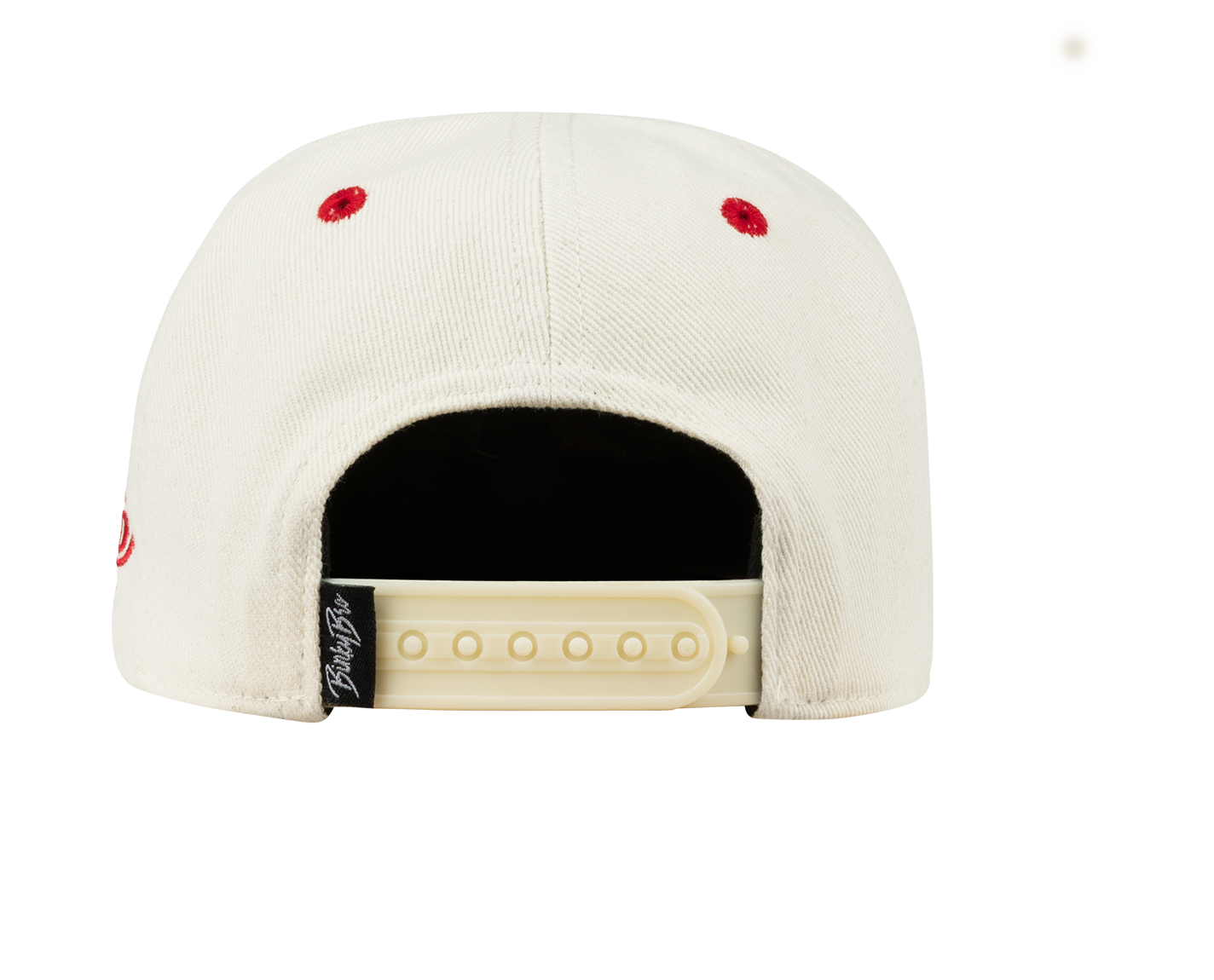 Back view of a cream-colored snapback hat featuring red stitching and an adjustable strap, designed for kids.