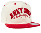 Stylish Gaslamp snapback hat in cream and red, featuring bold embroidered text and a flat brim, perfect for kids.