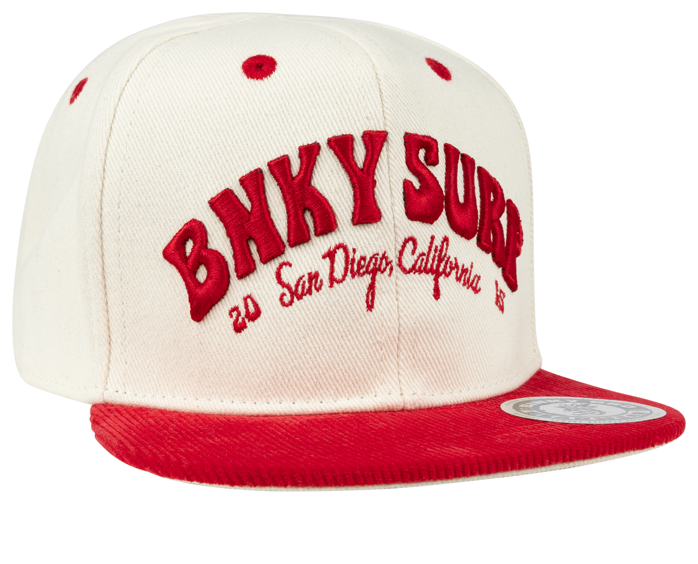 Stylish Gaslamp snapback hat in cream and red, featuring bold embroidered text and a flat brim, perfect for kids.