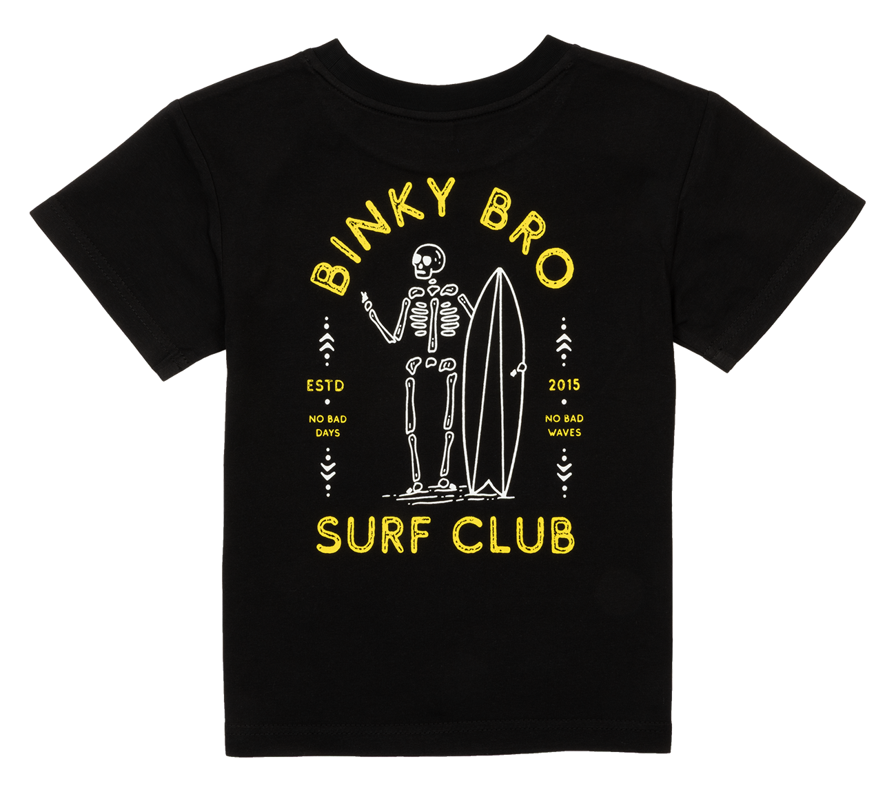 Black t-shirt featuring a skeleton holding a surfboard with "Binky Bro Surf Club" text, perfect for kids who love surf culture.