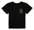 Black t-shirt featuring a yellow graphic of a surf club design, perfect for stylish kids who love surf culture.